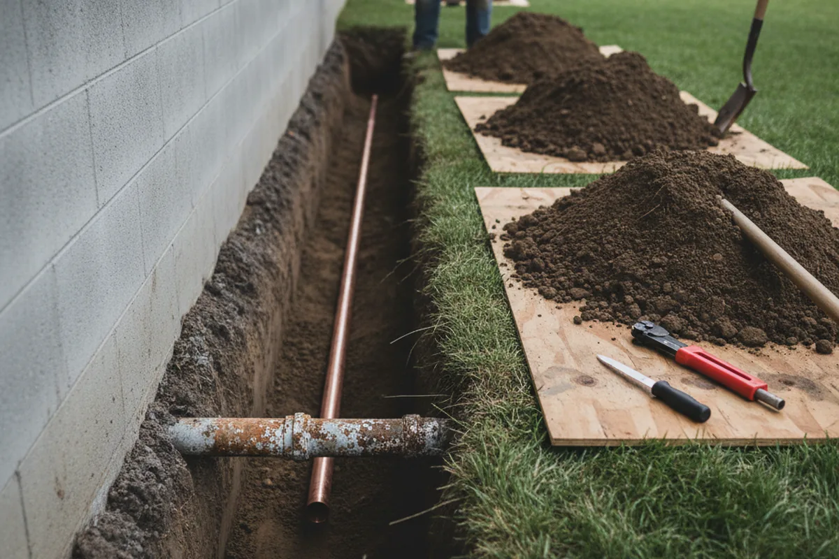 Excavated water line trench during Sewer Line Repair in San Martin